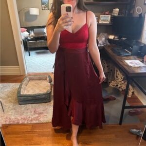 Lulus Double Darling Burgundy Color Block Satin Ruffled Maxi Dress